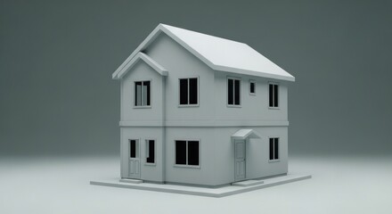 A simple, two-story house, rendered in grayscale, with windows and a front door