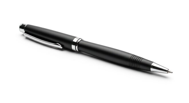 A sleek, black pen with silver accents lies on a white surface, angled to the right
