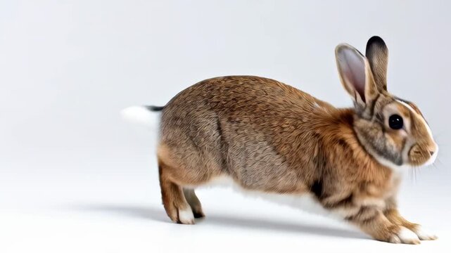 Brown rabbit with white chest and tail captured mid-stride against a white background