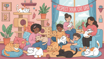 illustration of cute cats lounging, playing, and being petted by diverse people, celebrating Respect Your Cat Day