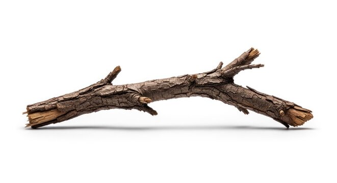 A weathered, broken tree branch with rough bark lies against a stark white background