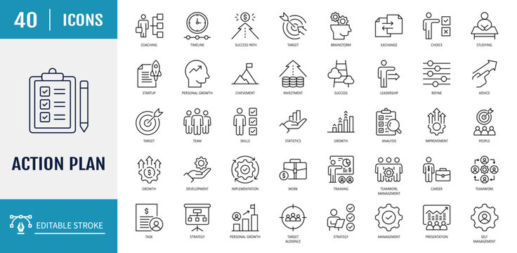 Action plan icon set. Includes Business, strategy, startup, steps, target and more. Outline Icon Set. Vector illustration with Editable stroke