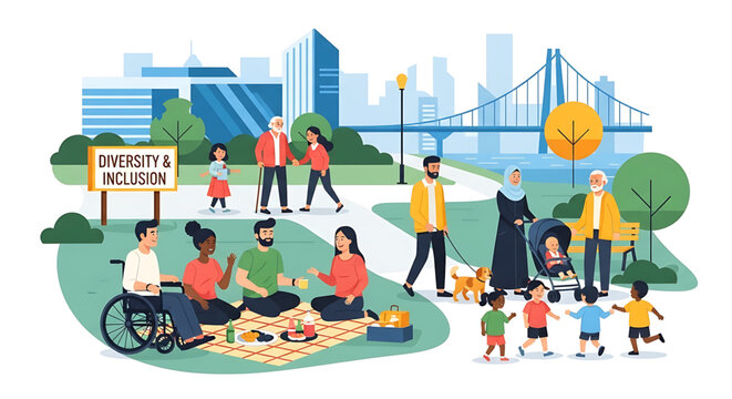 Diverse group of people enjoying a picnic in a park with a city skyline and bridge in the background with a sign promoting equity and wellness gender equality