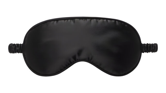 Black satin sleep mask for eye covering during rest or travel, isolated on white background