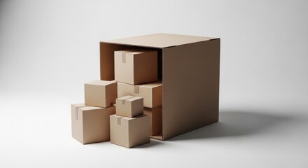Obraz premium Cardboard boxes of varying sizes, partially inside a larger box, on a white background