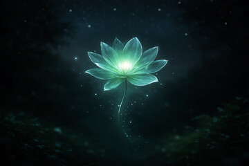 Obraz premium Single teal glowing lotus flower shining in a dark forest
