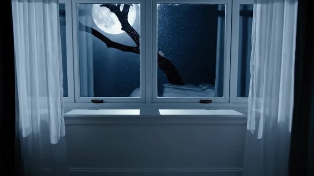 Eerie bedroom with moonlight shining through the window at night.