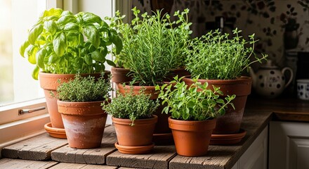Fototapeta premium Fresh Herbs in Terra Cotta Pots on Wooden Kitchen Countertop