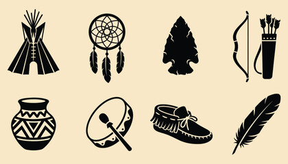 Native American Cultural Icons Set Tipi, Dreamcatcher, Bow, and Moccasins