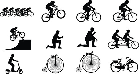 Naklejka premium Collection of black bicycle and scooter silhouettes including racing cyclists tandem bike penny farthing and B M X rider