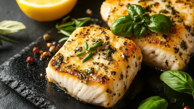Fish is prepared with herbs and lemon on a dark plate in a kitchen during afternoon hours