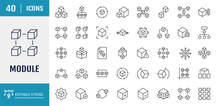 Module icon set. It included unit, block, api, product and more icons. Outline Icon Collection. Vector illustration. Editable stroke
