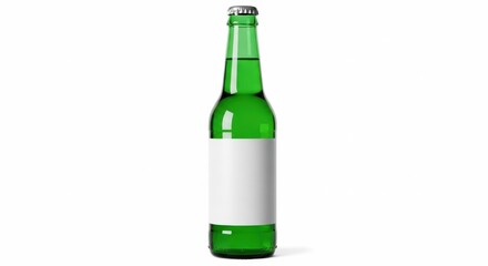A green glass bottle with a white label and a green bottle cap.