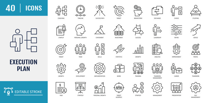 Execution plan icon set. Outline icon set. Vector Illustration with Editable Strokes