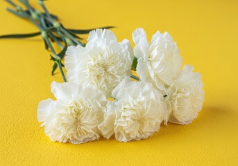 A delicate cluster of white carnation flowers with green stems rests on a textured yellow surface, showcasing their intricate petals