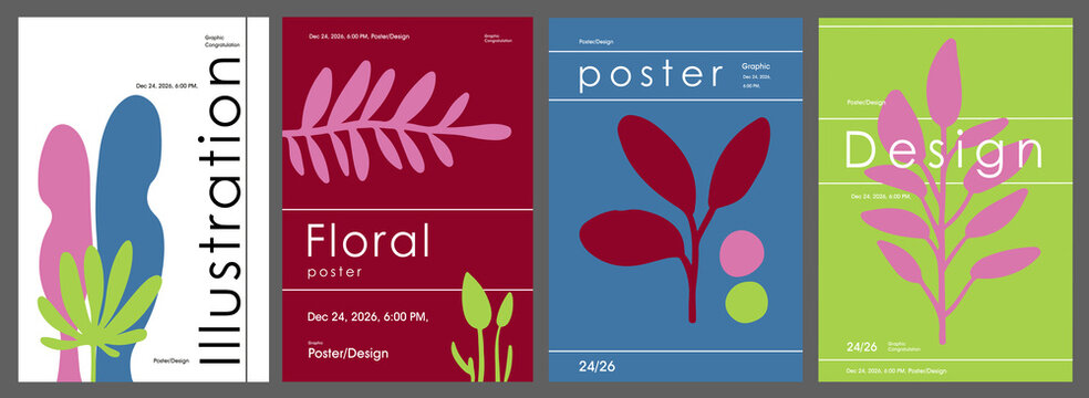 Set of modern abstract floral posters with minimalist botanical elements and bold color blocks. Contemporary graphic design with stylized leaves and organic shapes in trendy palette. 