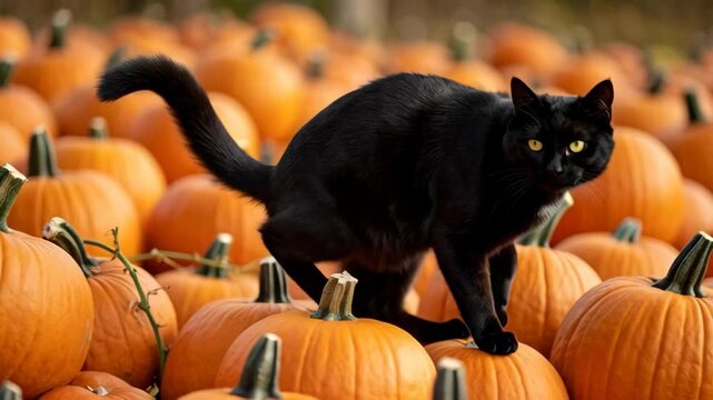 Black cat on a pile of pumpkins in autumn harvest setting
