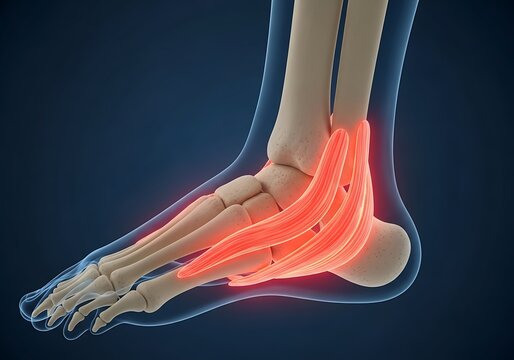Human foot anatomy illustration highlighting the tendons and ankle structure from a lateral viewpoint