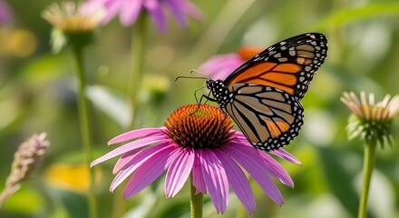 Monarch Butterfly on Purple Flower in Garden.
