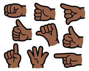 Collection of brown skin tone hands performing various gestures like thumbs up pointing and counting isolated