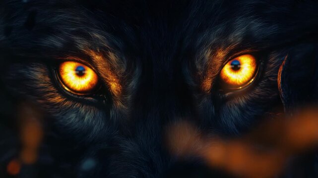 A wolf displays its glowing eyes as it hunts during the night in a dense forest environment