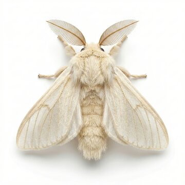 Fluffy white silk moth Bombyx mori macro portrait isolated on white background for entomology study Generative AI