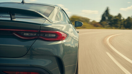 Naklejka premium High speed green sports car driving through a sharp turn on a scenic mountain road showing motion blur and dynamic automotive performance in nature
