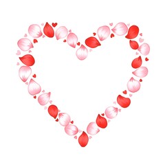 Obraz premium Delicate Petal Heart Frame: Pink and Red Rose Petals Forming Minimalist Love Symbol with Negative Space Design, Valentine Wedding Decor
