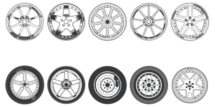 Black and white vector icon set featuring car alloy wheels and tire rims with different spoke designs, perfect for automotive repair, maintenance services, transport graphics, and mechanical illustrat