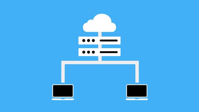 Minimalist proxy server icon with connected computers animation isolated on blue background