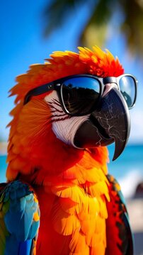 Close-up of a colorful parrot wearing sunglasses on a tropical beach