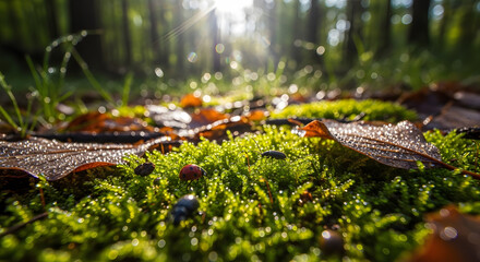 Ladybug and beetle on dewy moss in forest with sun shining through trees