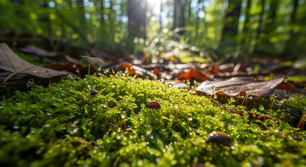 Obraz premium Ladybug on moss with dew drops in forest sunlight