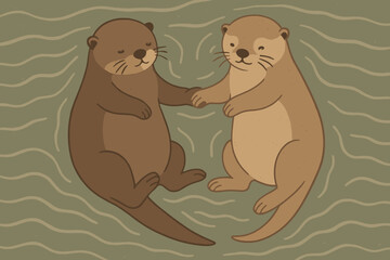 Obraz premium Two adorable otters holding hands while floating in water