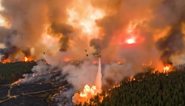 A massive forest fire with a group of helicopters dropping water on burning trees at sunset. A rescue operation to extinguish the wildfire and fight the elements from the air using aircraft.
