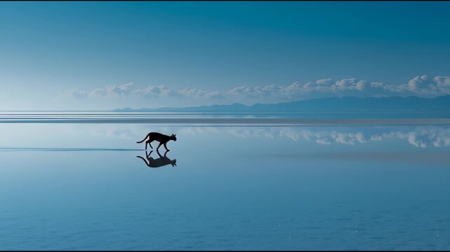 Silhouette of a cat walking across a vast, reflective salt flat under a clear blue sky