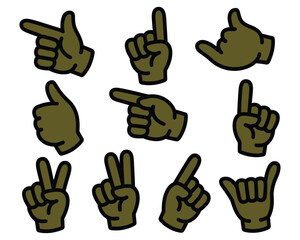 Obraz premium Set of olive green hands making various directional and signaling gestures isolated on transparent background