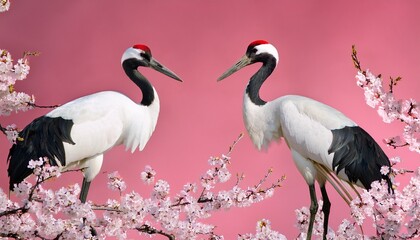 Obraz premium two white cranes with black wings and red beaks are perched in cherry blossom trees against a pink background