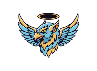 Obraz premium Stylized bird of prey with wings and halo illustration on black background