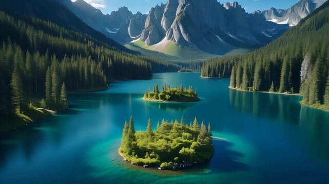 Cinematic nature aerial drone footage flying over pristine alpine lake with small islands, surrounded by dense pine forest and dramatic rocky mountain peaks. Clear blue water with turquoise gradients