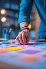 Fototapeta premium Hand placing a colorful sticky note during a planning session, organizing ideas, collaborating, problem solving