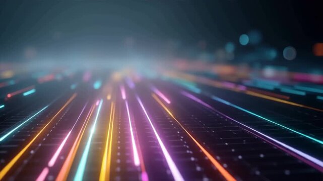 Dynamic abstract technology background with bright neon lines in motion, representing digital innovation and speed.