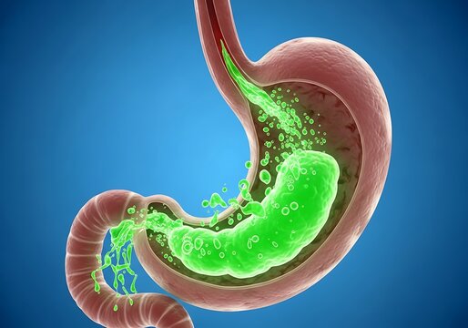 Detailed medical illustration of the human stomach and digestive system showing internal anatomy and green digestive enzymes on a blue background from a frontal viewpoint