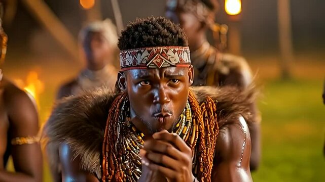 Passionate African man in traditional attire singing, celebrating cultural heritage