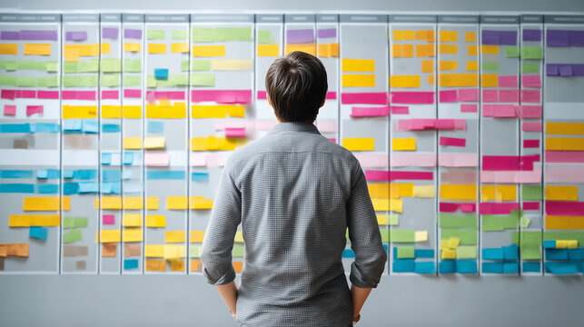 Person standing, analyzing project board with colorful sticky notes, planning business strategy and task management