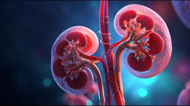 Detailed 3D rendering of human kidneys with renal artery and vein on a dark background