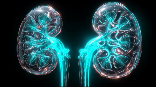 Abstract glowing neon human kidney anatomy illustration on black background