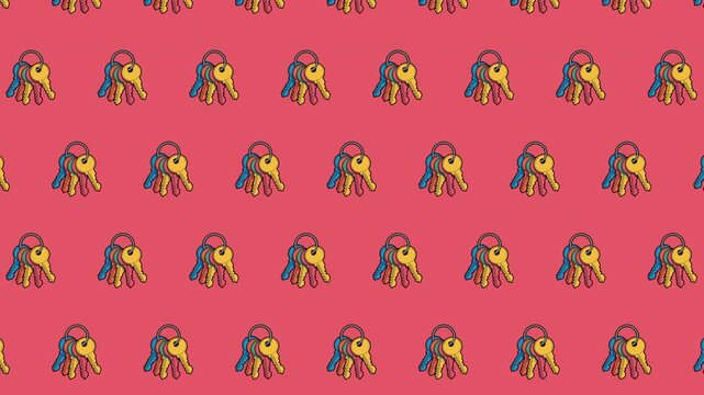 Seamless Animated Loopable Key Pattern Background With Colorful Keyring Icons in Flat Vector Style