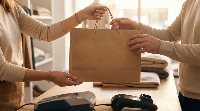 Eco retail checkout. Male customer receiving kraft paper shopping bag at boutique counter, sustainable packaging, point of sale transaction, small business retail. 