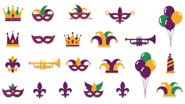 Mardi Gras festival icon set featuring ornate masquerade masks, crowns, balloons, trumpets, and jesters in purple and gold.